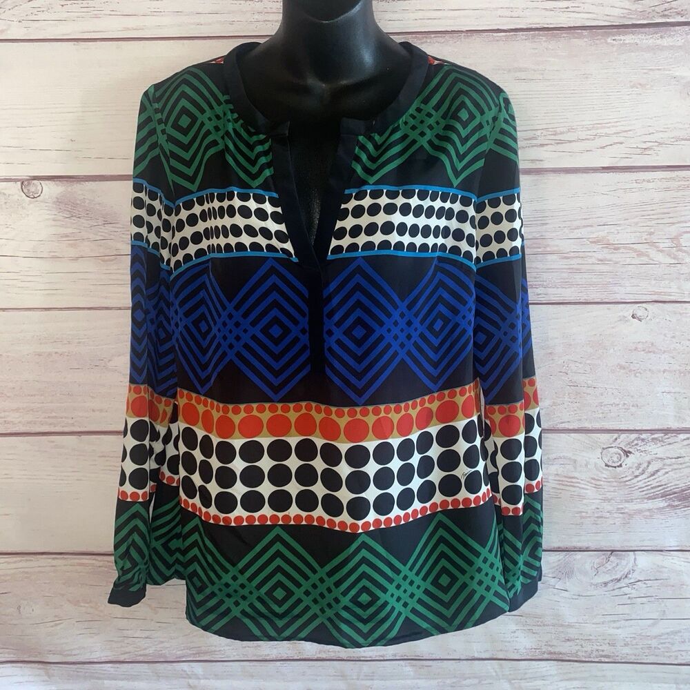 Trina Turk Womens M Geometric Print Blouse Long Sleeve Silk Trim Colorful A5